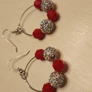 Red & White Rhinestone Loop Earrings - GameDay Earrings - Team Spirit Jewelry